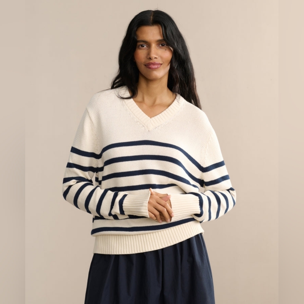 NWOT Jenni Kayne Cotton Kate V-Neck Sweater Ivory Navy Stripe XS-S Oversized